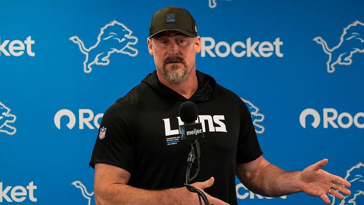 Detroit Lions head coach Dan Campbell answers a question before OTAs at Meijer Performance Center in Allen Park on Friday, May 29, 2026.