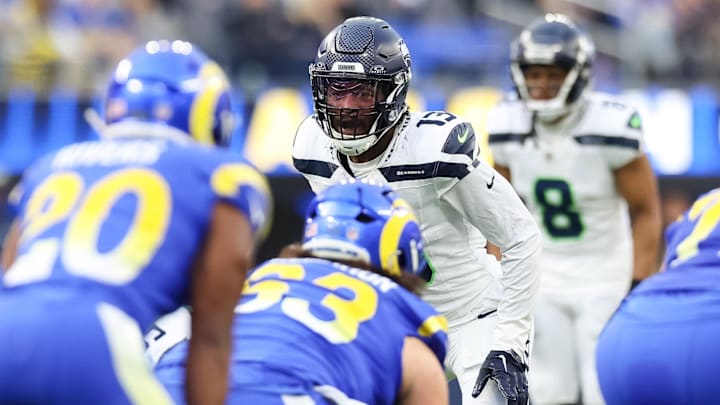 Jan 5, 2025; Inglewood, California, USA; Seattle Seahawks Linebacker Ernest Jones IV (13) observes the play call at SoFi Stadium for the Seattle Seahawks at Los Angeles Rams Week 18 matchup.