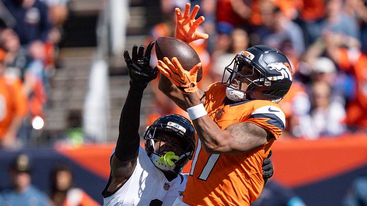 Sep 20, 2026; Denver Broncos wide receiver Jaylen Waddle (17) makes a 49-yard catch over Jacksonville Jaguars cornerback Montaric Brown (1) during the game between the Denver Broncos and Jacksonville Jaguars in Denver, CO, USA; at Empower Field at Mile High. Sep 20, 2026; Denver Broncos wide receiver Jaylen Waddle (17) makes a 49-yard catch over Jacksonville Jaguars cornerback Montaric Brown (1) during the game between the Denver Broncos and Jacksonville Jaguars in Denver, CO, USA; at Empower Field at Mile High.