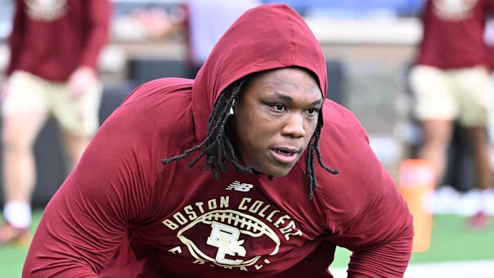 Aug 30, 2025; Chestnut Hill, Massachusetts, USA; Boston College Eagles offensive lineman Jude Bowry (71) warms up before a game against the Fordham Rams at Alumni Stadium. Mandatory Credit: Eric Canha-Imagn Images