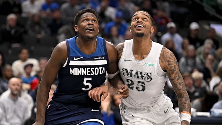 Jan 22, 2025; Dallas, Texas, USA; Minnesota Timberwolves guard Anthony Edwards (5) and Dallas Mavericks forward P.J. Washington (25) look for the ball during the second half at the American Airlines Center. Mandatory Credit: Jerome Miron-Imagn Images Jan 22, 2025; Dallas, Texas, USA; Minnesota Timberwolves guard Anthony Edwards (5) and Dallas Mavericks forward P.J. Washington (25) look for the ball during the second half at the American Airlines Center. Mandatory Credit: Jerome Miron-Imagn Images