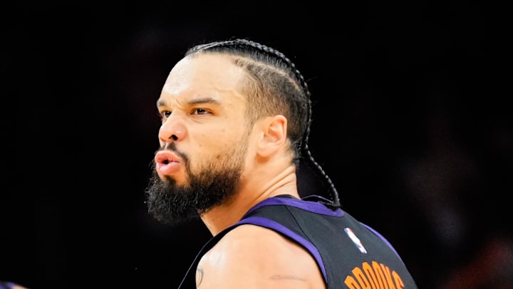 Nov 13, 2025; Phoenix, Arizona, USA;  Phoenix Suns forward Dillon Brooks (3) reacts to a score during the second half of the game at Mortgage Matchup Center. Mandatory Credit: Arianna Grainey-Imagn Images