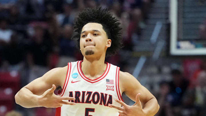 Mar 22, 2026; San Diego, CA, USA; Arizona Wildcats guard Brayden Burries (5) reacts in the second half against the Utah State Aggies during a second round game of the men's 2026 NCAA Tournament at Viejas Arena. Mandatory Credit: Kirby Lee-Imagn Images