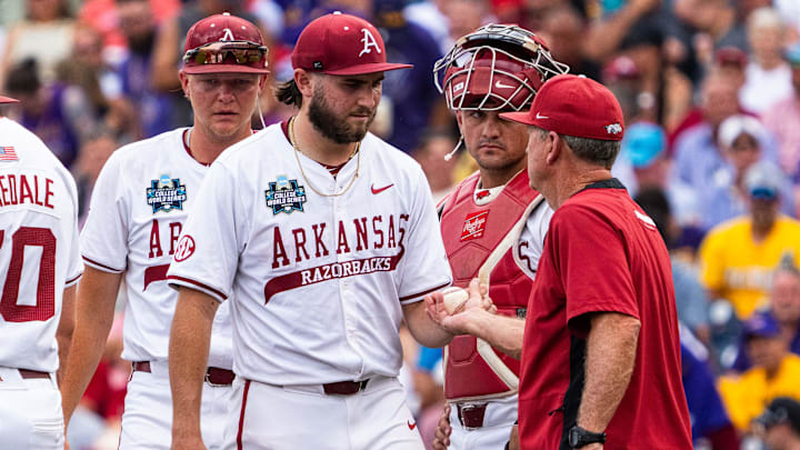 Arkansas Razorbacks starting pitcher Zach Root (33) is substituted out during the second inning against the LSU Tigers at Charles Schwab Field. Arkansas Razorbacks starting pitcher Zach Root (33) is substituted out during the second inning against the LSU Tigers at Charles Schwab Field.