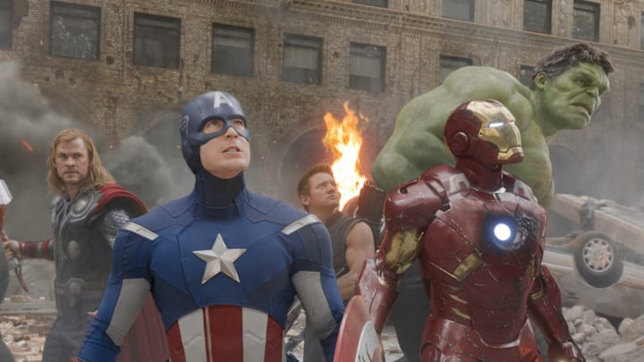 L to R: Chris Hemsworth, Chris Evans, Jeremy Renner, Robert Downey Jr., and Mark Ruffalo in 'The Avengers' (2012).