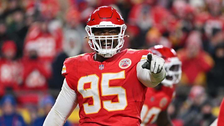 Dec 7, 2025; Kansas City, Missouri, USA; Kansas City Chiefs defensive tackle Chris Jones (95) celebrates after a play during the third quarter against the Houston Texans at GEHA Field at Arrowhead Stadium. Mandatory Credit: Amy Kontras-Imagn Images Dec 7, 2025; Kansas City, Missouri, USA; Kansas City Chiefs defensive tackle Chris Jones (95) celebrates after a play during the third quarter against the Houston Texans at GEHA Field at Arrowhead Stadium. Mandatory Credit: Amy Kontras-Imagn Images