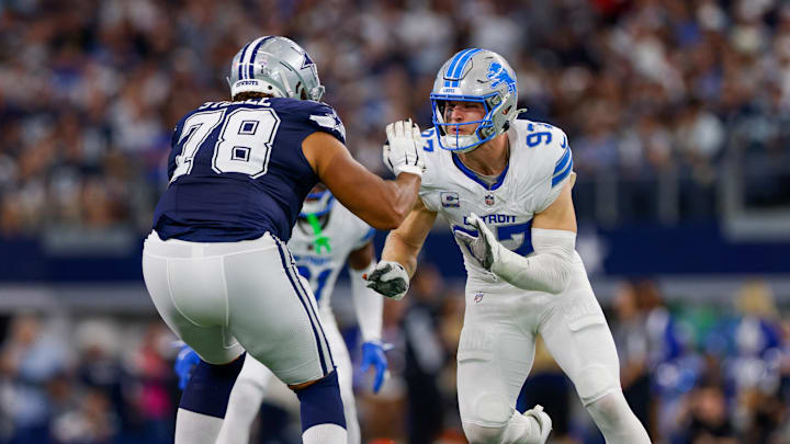 Detroit Lions defensive end Aidan Hutchinson (97) rushes the passer against Cowboys OL Terence Steele (78) Detroit Lions defensive end Aidan Hutchinson (97) rushes the passer against Cowboys OL Terence Steele (78)