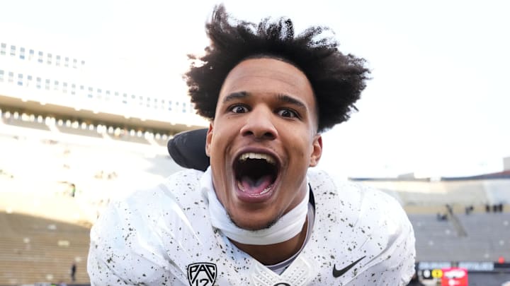 Nov 5, 2022; Boulder, Colorado, USA; Oregon Ducks linebacker Justin Flowe (10) following the game against the Colorado Buffaloes at Folsom Field. Mandatory Credit: Ron Chenoy-Imagn Images