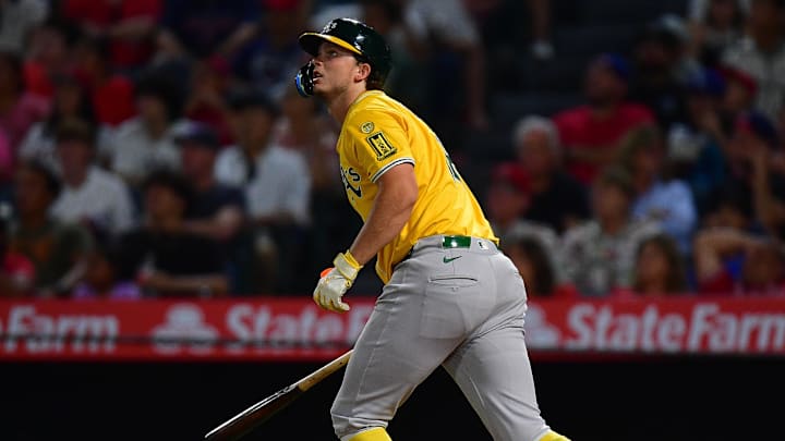 Sep 6, 2025; Anaheim, California, USA; Athletics first baseman Nick Kurtz (16) hits a solo home run against the Los Angeles Angels during the fourth inning at Angel Stadium. Mandatory Credit: Gary A. Vasquez-Imagn Images Sep 6, 2025; Anaheim, California, USA; Athletics first baseman Nick Kurtz (16) hits a solo home run against the Los Angeles Angels during the fourth inning at Angel Stadium. Mandatory Credit: Gary A. Vasquez-Imagn Images