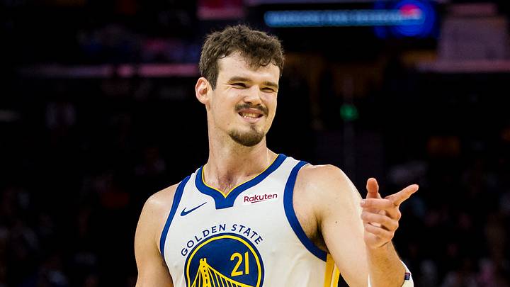 Oct 8, 2025; San Francisco, California, USA;  Golden State Warriors center Quinten Post (21) reacts after hitting a three-point shot against the Portland Trail Blazers during the fourth quarter at Chase Center. Mandatory Credit: John Hefti-Imagn Images