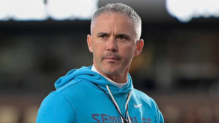 Nov 1, 2025; Tallahassee, Florida, USA; Florida State Seminoles head coach Mike Norvell looks on before the game against the Wake Forest Demon Deacons at Doak S. Campbell Stadium. Mandatory Credit: Melina Myers-Imagn Images