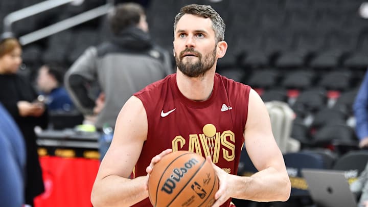 Feb 6, 2023; Washington, District of Columbia, USA; Cleveland Cavaliers forward Kevin Love (0) warms up before the game between the Washington Wizards and the Cleveland Cavaliers at Capital One Arena. Mandatory Credit: Brad Mills-Imagn Images