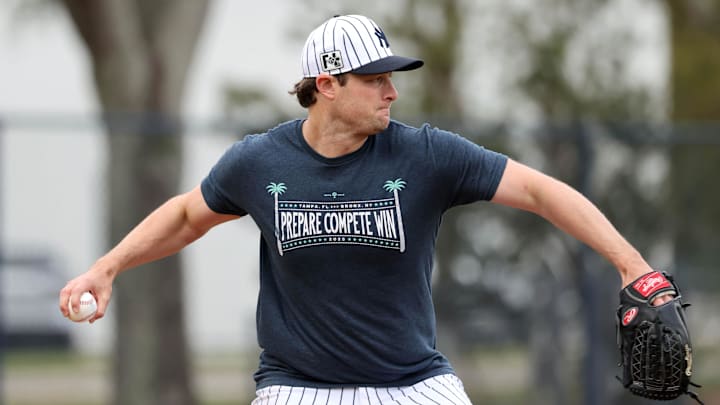 Feb 20, 2025; Tampa, FL, USA; New York Yankees pitcher Gerrit Cole (45) during work outs at George M. Steinbrenner Field. 