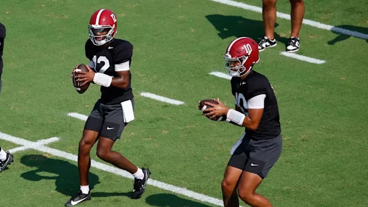 8/2/25 MFB MFB Practice 3 Alabama Quarterback Ty Simpson (15)_ Alabama Quarterback Keelon Russell (12) Alabama Quarterback Austin Mack (10) Photo by Kent Gidley 8/2/25 MFB MFB Practice 3 Alabama Quarterback Ty Simpson (15)_ Alabama Quarterback Keelon Russell (12) Alabama Quarterback Austin Mack (10) Photo by Kent Gidley