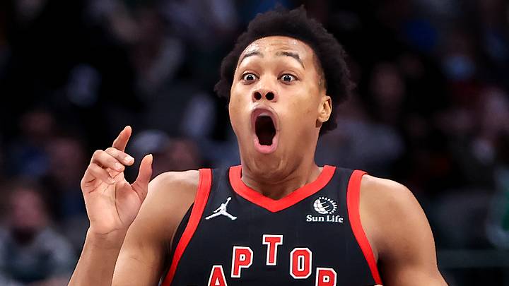 Jan 19, 2022; Dallas, Texas, USA;  Toronto Raptors forward Scottie Barnes (4) reacts during the second half against the Dallas Mavericks at American Airlines Center. Mandatory Credit: Kevin Jairaj-USA TODAY Sports