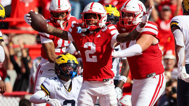 Nebraska wide receiver Jacory Barney Jr. reacts after catching a Hail Mary touchdown to end the first half.
