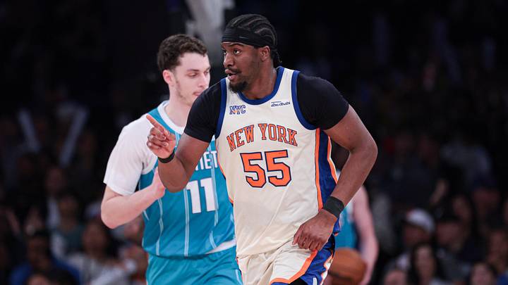Apr 12, 2026; New York, New York, USA; New York Knicks center Ariel Hukporti (55) reacts after a basket against the Charlotte Hornets during the first half at Madison Square Garden. Mandatory Credit: Vincent Carchietta-Imagn Images Apr 12, 2026; New York, New York, USA; New York Knicks center Ariel Hukporti (55) reacts after a basket against the Charlotte Hornets during the first half at Madison Square Garden. Mandatory Credit: Vincent Carchietta-Imagn Images