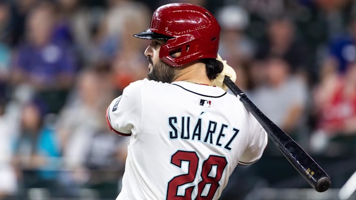 Jul 22, 2025; Phoenix, Arizona, USA; Arizona Diamondbacks designated hitter Eugenio Suarez in the first inning against the Houston Astros at Chase Field