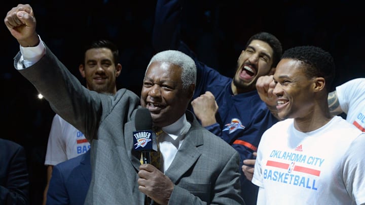 Apr 12, 2017; Oklahoma City, OK, USA; Oscar Robertson leads an MVP chant after a presentation to Oklahoma City Thunder guard Russell Westbrook (0) prior to a game against the Denver Nuggets at Chesapeake Energy Arena. Mandatory Credit: Mark D. Smith-Imagn Images