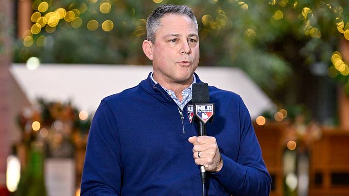 Dec 9, 2024; Dallas, TX, USA; Kansas City Royals general manager J.J. Picollo is interviewed at the Hilton Anatole during the 2024 MLB Winter Meetings. Mandatory Credit: Jerome Miron-Imagn Images
