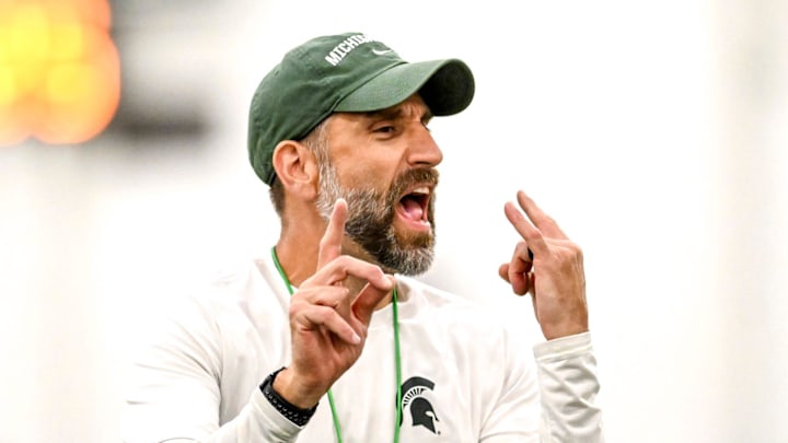 Michigan State's defensive coordinator Joe Rossi gives instructions while working with linebackers during camp on Monday, Aug. 5, 2024, at the indoor practice facility in East Lansing.