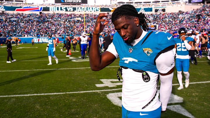 Jacksonville Jaguars wide receiver Brian Thomas Jr. (7) walks off the field after losing to the Bills during an NFL football AFC Wild Card playoff matchup, Sunday, Jan. 11, 2026, in Jacksonville, Fla. Bills lead 10-7 at the half over the Jaguars. The Bills defeated the Jaguars 27-24. [Doug Engle/Florida Times-Union]