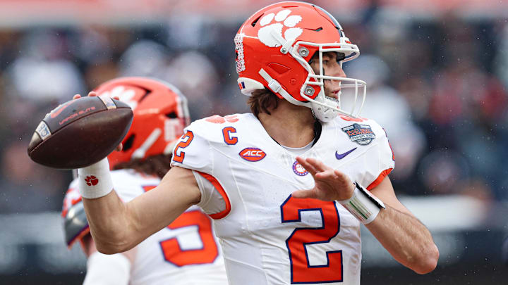 Dec 27, 2025; Bronx, NY, USA; Clemson Tigers quarterback Cade Klubnik (2) throws the ball during the first half of the 2025 Pinstripe Bowl against the Penn State Nittany Lions at Yankee Stadium.