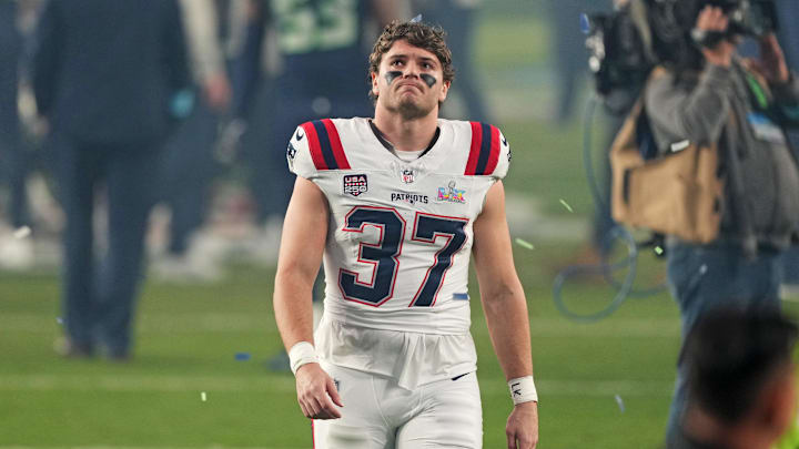 Feb 8, 2026; Santa Clara, CA, USA; New England Patriots tight end Jack Westover (37) exits the field after the loss against the Seattle Seahawks in Super Bowl LX at Levi's Stadium. Mandatory Credit: Darren Yamashita-Imagn Images