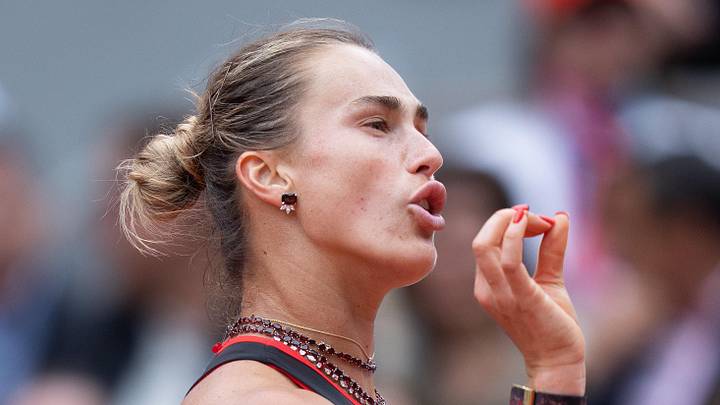 Aryna Sabalenka reacts during a match 