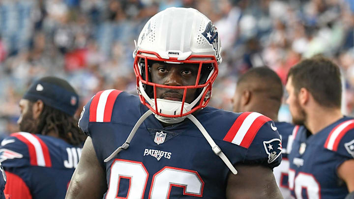Aug 11, 2022; Foxborough, Massachusetts, USA; New England Patriots defensive tackle Sam Roberts (96) on the sideline during the first half of a preseason game against the New York Giants  at Gillette Stadium. Mandatory Credit: Eric Canha-Imagn Images