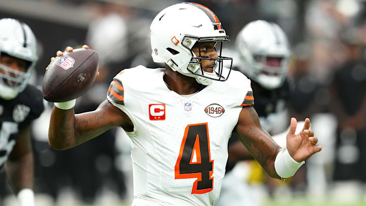 Sep 29, 2024; Paradise, Nevada, USA; Cleveland Browns quarterback Deshaun Watson (4) looks to make a pass against the Las Vegas Raiders during the first quarter at Allegiant Stadium. Mandatory Credit: Stephen R. Sylvanie-Imagn Images
