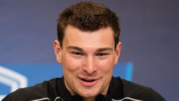 Feb 27, 2026; Indianapolis, IN, USA; Indiana quarterback Fernando Mendoza (QB11) speaks to members of the media during the NFL Combine at the Indiana Convention Center. Mandatory Credit: Jacob Musselman-Imagn Images Feb 27, 2026; Indianapolis, IN, USA; Indiana quarterback Fernando Mendoza (QB11) speaks to members of the media during the NFL Combine at the Indiana Convention Center. Mandatory Credit: Jacob Musselman-Imagn Images