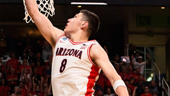 Mar 28, 2026; San Jose, CA, USA; Arizona Wildcats forward Ivan Kharchenkov (8) goes up for two against the Purdue Boilermakers in the second half during an Elite Eight game of the West Regional of the men's 2026 NCAA Tournament at SAP Center. Mandatory Credit: Eakin Howard-Imagn Images