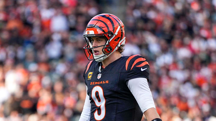 Cincinnati Bengals quarterback Joe Burrow (9) paces between plays in the third quarter of the NFL Week 17 game between the Cincinnati Bengals and the Arizona Cardinals at Paycor Stadium in Downtown Cincinnati on Sunday, Dec. 28, 2025. The Bengals won 37-14. Cincinnati Bengals quarterback Joe Burrow (9) paces between plays in the third quarter of the NFL Week 17 game between the Cincinnati Bengals and the Arizona Cardinals at Paycor Stadium in Downtown Cincinnati on Sunday, Dec. 28, 2025. The Bengals won 37-14.