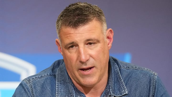 Feb 25, 2026; Indianapolis, IN, USA; New England Patriots coach Mike Vrabel speaks during the NFL Scouting Combine at the Indiana Convention Center. Mandatory Credit: Kirby Lee-Imagn Images Feb 25, 2026; Indianapolis, IN, USA; New England Patriots coach Mike Vrabel speaks during the NFL Scouting Combine at the Indiana Convention Center. Mandatory Credit: Kirby Lee-Imagn Images