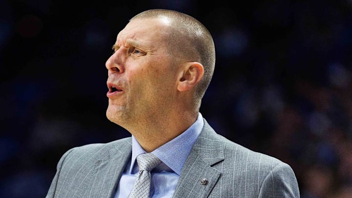 Jan 7, 2026; Lexington, Kentucky, USA; Kentucky Wildcats head coach Mark Pope reacts to the action on the court during the first half against the Missouri Tigers at Rupp Arena at Central Bank Center. Mandatory Credit: Jordan Prather-Imagn Images