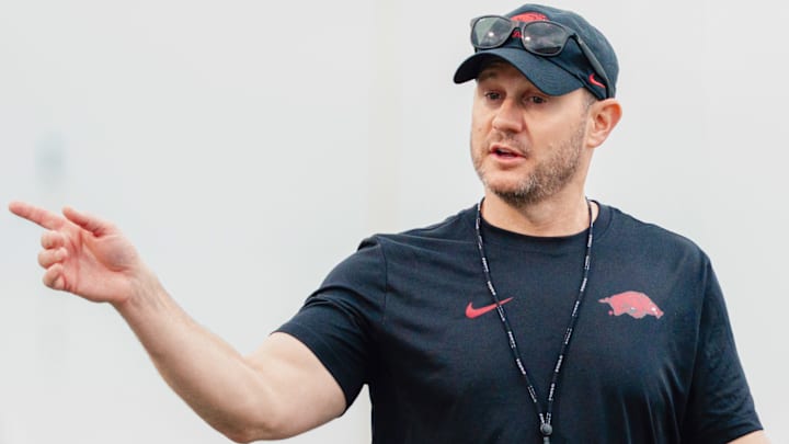 Arkansas Razorbacks coach Ryan Silverfield during spring practice drills in Fayetteville, Ark.