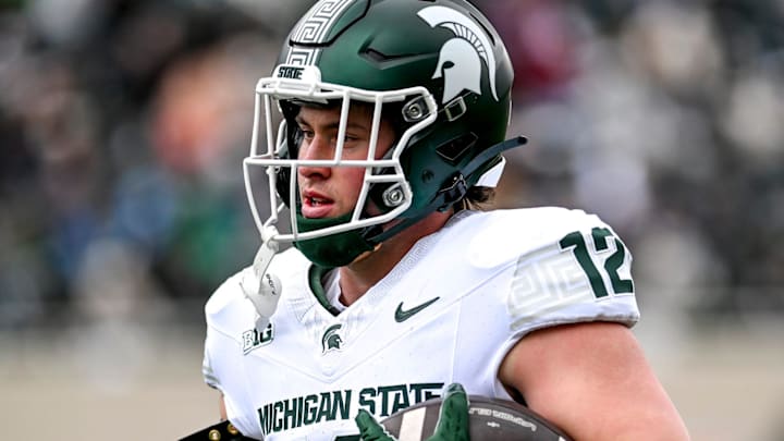 Michigan State's Jack Velling participate in a drill during the Spring Showcase on Saturday, April 20, 2024, at Spartan Stadium in East Lansing.