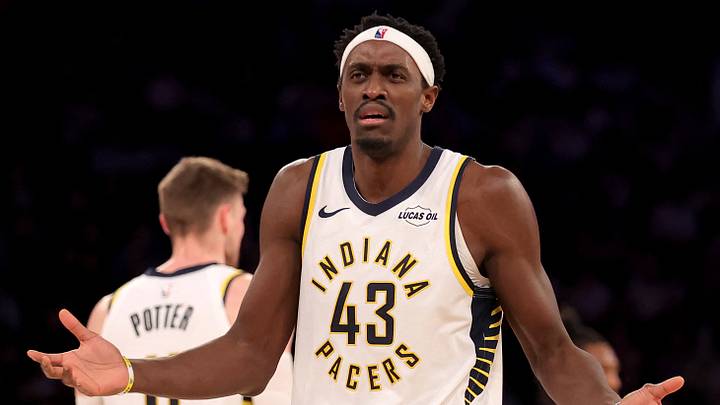 Feb 10, 2026; New York, New York, USA; Indiana Pacers forward Pascal Siakam (43) reacts during overtime against the New York Knicks at Madison Square Garden. Mandatory Credit: Brad Penner-Imagn Images