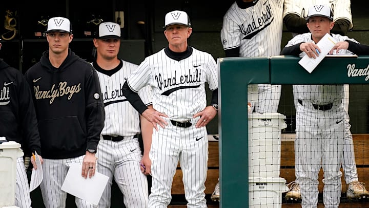 Vanderbilt head coach Tim Corbin watches his team face Xavier during the first inning at Hawkins Field in Nashville, Tenn., Friday, March 7, 2025. Vanderbilt head coach Tim Corbin watches his team face Xavier during the first inning at Hawkins Field in Nashville, Tenn., Friday, March 7, 2025.