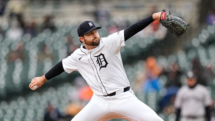 Detroit Tigers pitcher Casey Mize (12) throws against New York Yankees during the second inning at Comerica Park in Detroit on Monday, April 7, 2025.