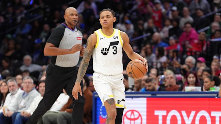 Mar 9, 2025; Philadelphia, Pennsylvania, USA; Utah Jazz guard Keyonte George (3) controls the ball against the Philadelphia 76ers in the third quarter at Wells Fargo Center. Mandatory Credit: Kyle Ross-Imagn Images