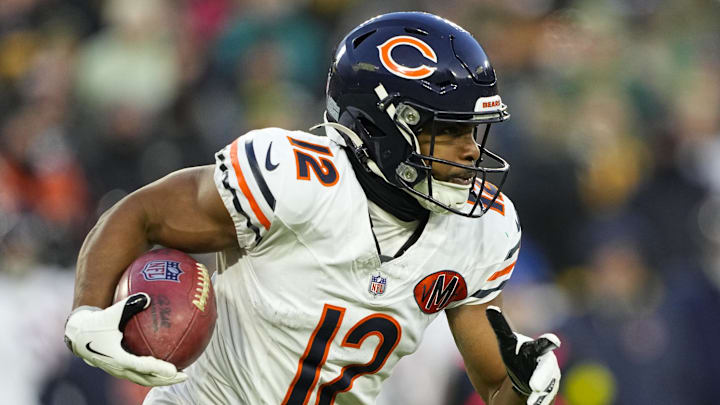 Dec 7, 2025; Green Bay, Wisconsin, USA;  Chicago Bears wide receiver Devin Duvernay (12) during the game against the Green Bay Packers at Lambeau Field. Mandatory Credit: Jeff Hanisch-Imagn Images