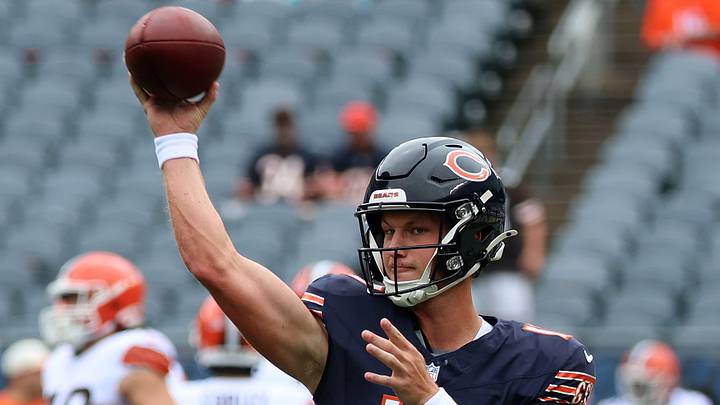 Aug 15, 2026; Chicago, Illinois, USA; Chicago Bears quarterback Tyson Bagent (17) practices before the game at Soldier Field. Mandatory Credit: Mike Dinovo-Imagn Images