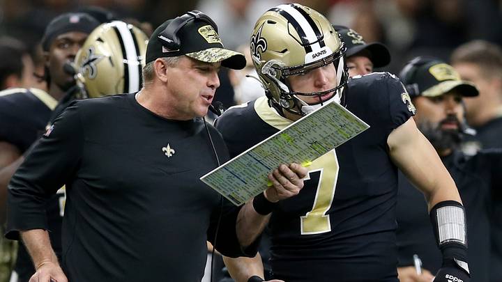 Nov 7, 2021; New Orleans, Louisiana, USA; New Orleans Saints head coach Sean Payton talks to quarterback Taysom Hill (7) during the second half against the Atlanta Falcons at the Caesars Superdome. Nov 7, 2021; New Orleans, Louisiana, USA; New Orleans Saints head coach Sean Payton talks to quarterback Taysom Hill (7) during the second half against the Atlanta Falcons at the Caesars Superdome.