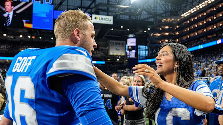 Detroit Lions quarterback Jared Goff (16) hugs his wife Christen Harper Detroit Lions quarterback Jared Goff (16) hugs his wife Christen Harper