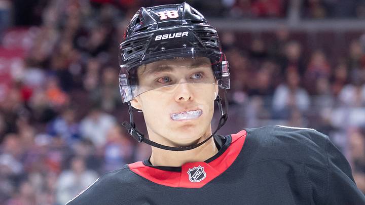 Nov 19, 2024; Ottawa, Ontario, CAN; Ottawa Senators center Tim Stutzle (18) skates in the first period against the Edmonton Oilers at the Canadian Tire Centre. Mandatory Credit: Marc DesRosiers-Imagn Images