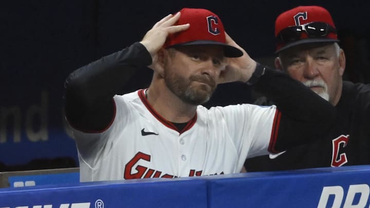 Jun 24, 2025; Cleveland, Ohio, USA; Cleveland Guardians manager Stephen Vogt (12) requests a video review beside pitching coach Carl Willis (51) in the eighth inning against the Toronto Blue Jays at Progressive Field. Mandatory Credit: David Richard-Imagn Images Jun 24, 2025; Cleveland, Ohio, USA; Cleveland Guardians manager Stephen Vogt (12) requests a video review beside pitching coach Carl Willis (51) in the eighth inning against the Toronto Blue Jays at Progressive Field. Mandatory Credit: David Richard-Imagn Images
