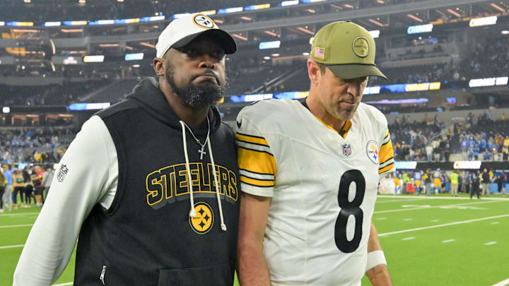 Nov 9, 2025; Inglewood, California, USA; Pittsburgh Steelers head coach Mike Tomlin and quarterback Aaron Rodgers (8) walk off the field after the game against the Los Angeles Chargers at SoFi Stadium. Mandatory Credit: Jayne Kamin-Oncea-Imagn Images