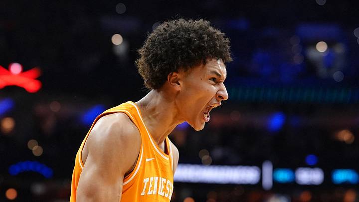 Tennessee Volunteers forward Nate Ament (10) reacts against the Virginia Cavaliers in the first half during a second round game of the men's 2026 NCAA Tournament at Xfinity Mobile Arena on March 22, 2026.